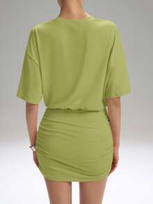 LYSMO 2025 New Arrival Women's Solid Color Round Neck Short Sleeve Fitted Short Mini Dress - Lime Green - View 2