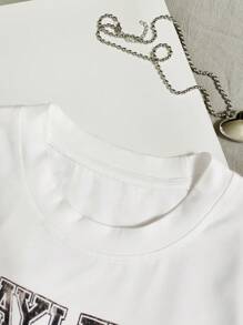 INAWLY 女士 T 恤 撞色字母印花短袖 T 恤上衣 - 白色 - 查看 3