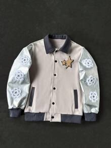 Manfinity EMRG Chaqueta casual de manga larga con botones delanteros de color contrastante, chaqueta universitaria de moda para hombres, chaqueta de béisbol - Albaricoque - Ver 2