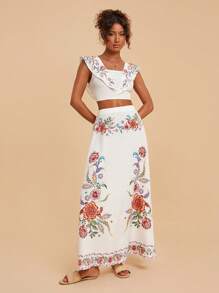 Travachic 2pcs/Set Women Floral Print Square Neck Top And Mini Skirt,Vacation,Vacation Style,Vacation Outfits Woman,Two Pieces Set Women,Beachwear,Spring And Summer,Easter,Holiday Outfits,Beach Outfits For Woman,Spring Break,Vacation Outfits Women,Concert Outfit Women,BOHO,Bohemia,Music Festival