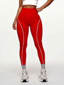 SHEIN Sports 1pc Black & White Contrast Lines Pattern Cropped Workout Leggings Yoga Women Pants - Red and White - View 2