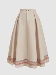 SHEIN MOD Plus Size 2 Pieces Set:Beige,Summer,1950s Vintage,Vacation,Holiday Collared Vest&Ruffle Hem Skirt,Waist-Hugging Top,Folk Printed A-Line Nomadic Suit - Khaki - View 4