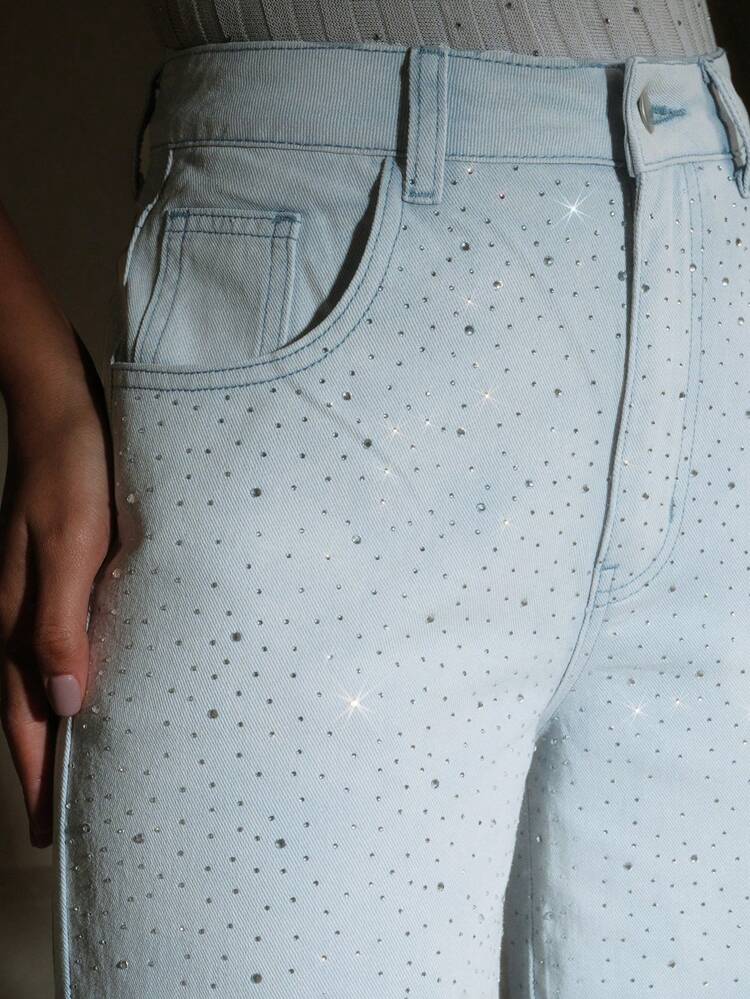 New Fashionable Heavily Embellished Sparkling Rhinestone Party, Valentine's Day, Mother's Day Ombre Blue Denim Straight Leg Pants