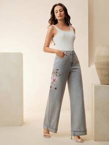 Anewsta Women's New Elegant High-End Valentine's Day Delicate Embroidered Blue Straight-Leg Jeans - Blue - View 2