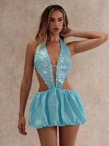 Glamine Vestido mini con halter y decoración de lentejuelas, sexy
