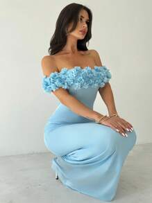 Firerie Đầm Maxi Ôm Body Lưới Hoa Một Vai Màu Xanh Lãng Mạn Thanh Lịch, Thích Hợp Cho Các Buổi Hẹn Hò, Tiệc Tùng, Kỳ Nghỉ - Màu xanh lam - Xem 8