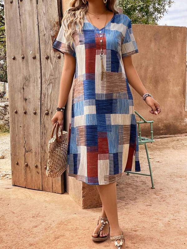 EMERY ROSE Plaid Splicing Printed V-Neck Button Decoration Short Sleeve Women's Dress