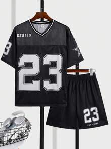 SHEIN 2pcs Set Teen Boy's Casual Sports College European And American V-Neck Mesh Sportswear Short-Sleeved Tops And Shorts Set With Digital Patterns Suitable For Kids Outfits Toddler Boy Clothes Back To School Boys Set Suitable For Birthday Parties, Evening Parties, Performances, Weddings, Baptisms, Opening Ceremonies Daily Suitable For Daily Use Suitable For School Suitable For Travel Suitable For Sports Suitable For Spring And Summer Seasons
