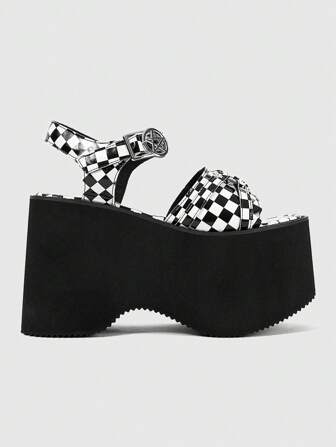 Grunge Punk Women's Black Super High Heel Thick Sole Punk Strap Sandals, Gothic Round Star Rivet Buckle Adjustable Strap Back, Simple Open Toe Platform Wedge Shoes