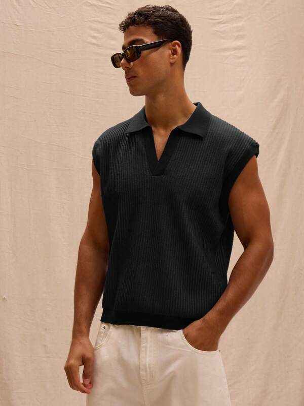 Musero V Neck Collared Drop Shoulder Lightweight Knit Sleeveless Sweater Vest Spring Summer Streetstyle Holiday Vacation