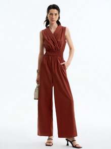 Aalyst Women's Elegant Fashion Commute Casual Charming Retro Minimalist High-End Vacation Sleeveless Lapel Waist Cinched Straight Leg Jumpsuit, Solid Color