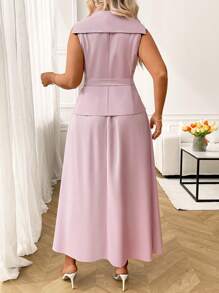 EMERY ROSE Plus Size Collared Button Fly Top & Skirt 2pcs Set - Purple - View 2