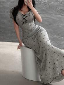 Feyla Petite 女士蝴蝶结印花褶皱优雅收腰中长连衣裙，适合派对和各种场合 - 灰色 - 查看 5