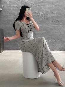 Feyla Petite 女士蝴蝶结印花褶皱优雅收腰中长连衣裙，适合派对和各种场合 - 灰色 - 查看 7