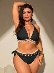Swim SXY Bộ bikini vải kết cấu cỡ lớn cho kỳ nghỉ - màu đen - Xem 4