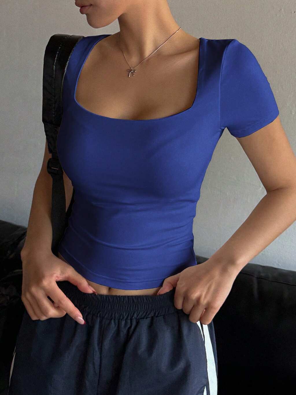 Women's Square Neck Short Sleeve Casual Slim Fit Cropped T-Shirt, Sexy