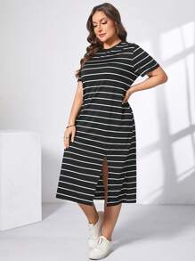SHEIN Essnce Plus Size Women's Spring And Summer Fashion Casual Loose Comfortable Basic Daily Slim Split Black Striped Short-Sleeved Mid-Length Dress,Airport Outfit,Old Money Style,Teacher Clothes,Church Dresses For Women,Summer Outfits For Women,Curve Dress - Black and White - View 3