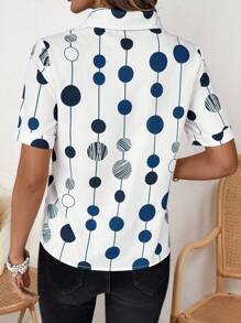 SHEIN LUNE 女士圆点印花短袖圆领休闲时尚纽扣衬衫，夏季新品 - 藍白色 - 查看 2