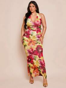 SHEIN BAE Plus Size Women's Spring/Summer V-Neck Open Back Floral Print Bodycon Mesh Knit Dress, Y2k, Fourth Of July, Concert Outfit Women, 4th Of July, 4th Of July Clothes, Memorial Day, Graduation, Work/Office, Vacation Outfits, Birthday Dresses For Women Summer Clothes, Western Wear Women, Club Outfits Women Sexy, Beach Vacation Outfits, Hawaii Outfits Women, Dresses For Women Party, Sundress - Multicolor - View 4