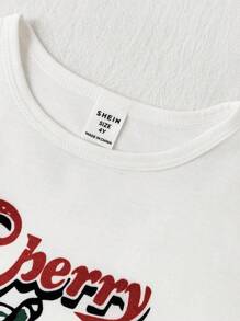 SHEIN 2件套女童休闲简约樱桃印花短袖上衣和短裤套装 - 白色 - 查看 4