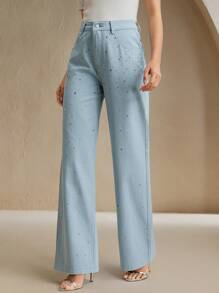 Anewsta Rhinestone-Embellished Straight-Leg Pink Jeans For Women - Blue - View 6