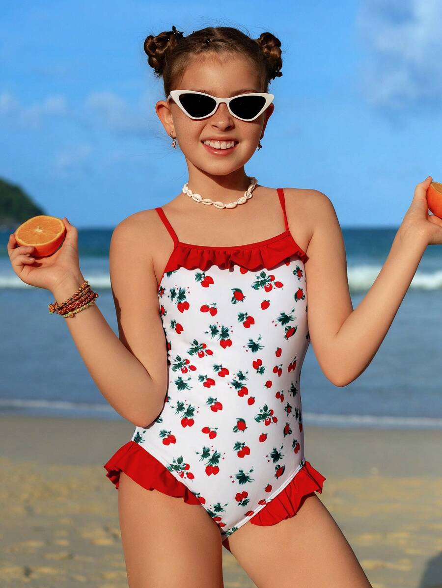 SHEIN 青少年女孩樱桃印花连体泳衣，适合海滩度假，儿童泳装 - 彩色 - 查看 1