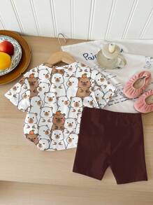 SHEIN Young Girl Casual Simple Short Sleeve & Shorts Set, Suitable For Summer - Multicolor - View 2