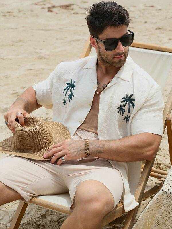 DAZY Men's White Linen Texture Vacation Coconut Tree Print Casual Shirt, Summer