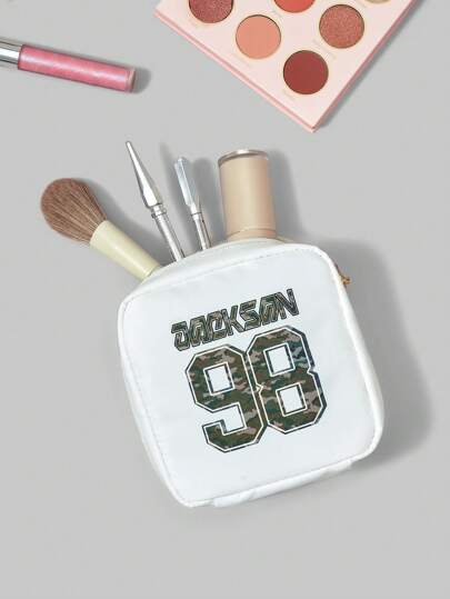 Grunge Punk Bolsa de maquillaje con relleno de camuflaje y números en inglés a la moda, bolsa cosmética cuadrada pequeña con gran capacidad,1428700