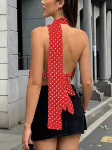 INAWLY 女士波尔卡圆点印花性感系带吊带背心图案 T 恤女士上衣 - 紅色 - 查看 2