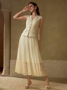 MOTF PREMIUM CONTRAST LACE PLEATED DRESS - Apricot - View 4