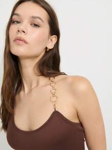 Nöista Women's Dark Brown Summer Casual Everyday Fitted Asymmetric Silhouette Top,Smooth Stretch-Knit Fabric Asymmetric Neckline With Chain Strap,Breathable - Coffee Brown - View 4