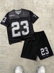 SHEIN 2pcs Set Teen Boy's Casual Sports College European And American V-Neck Mesh Sportswear Short-Sleeved Tops And Shorts Set With Digital Patterns Suitable For Kids Outfits Toddler Boy Clothes Back To School Boys Set Suitable For Birthday Parties, Evening Parties, Performances, Weddings, Baptisms, Opening Ceremonies Daily Suitable For Daily Use Suitable For School Suitable For Travel Suitable For Sports Suitable For Spring And Summer Seasons