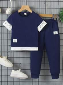 SHEIN Genkimix Kids 夏季年轻男孩字母印花两件套短袖 T 恤和短裤套装，适合日常休闲装、运动装、度假装 - 寶藍色 - 查看 7