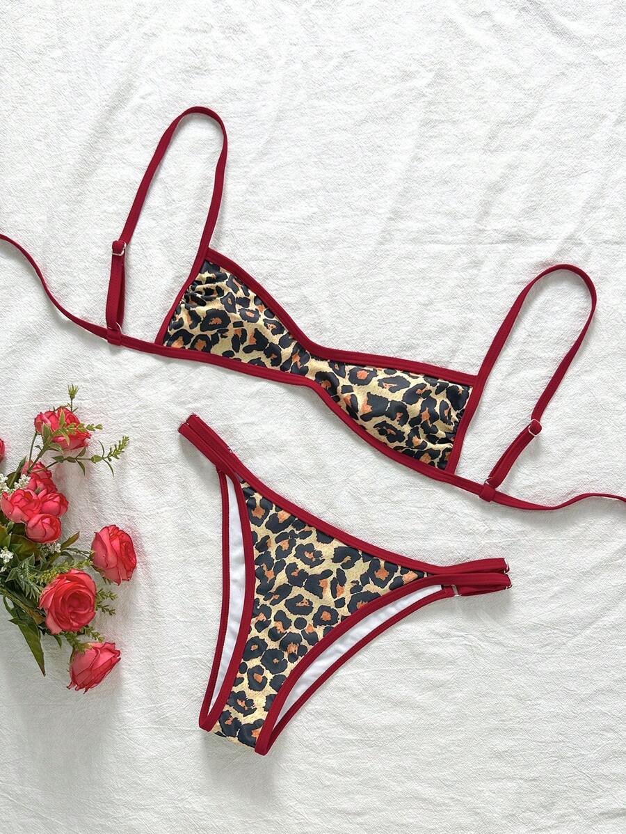 Swim Vcay Conjunto de bikini sexy con estampado de leopardo y flores aleatorias con tirantes de espagueti para mujer en verano