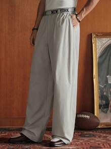 SWAVVY Letter Print Elastic Waist Pocket Casual Wide Leg Pants - Light Grey - View 4