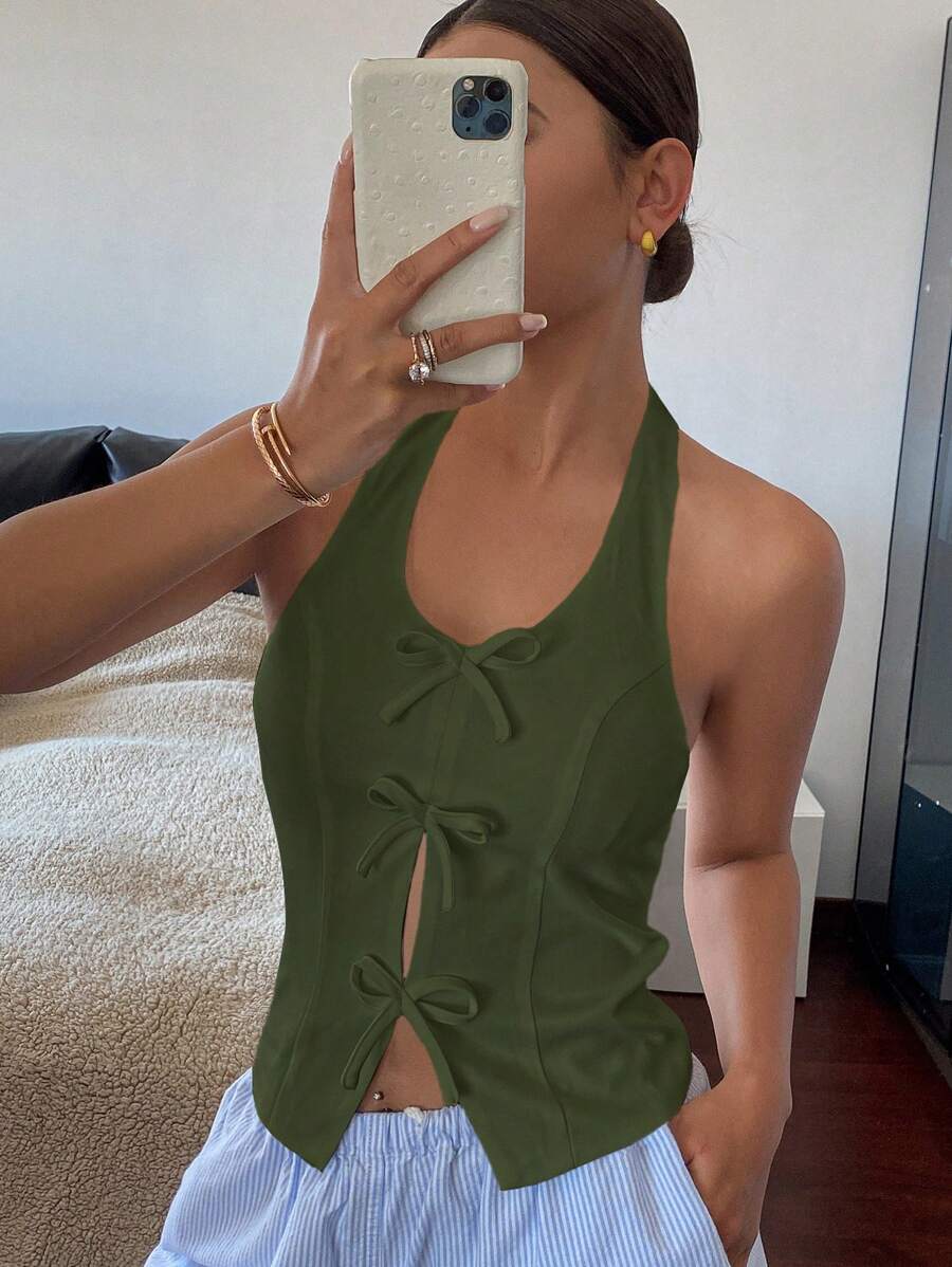 Livesso 女款寬鬆U領蝴蝶結前襟掛脖上衣,短版外出上衣掛脖上衣 - 軍綠色 - 查看 1