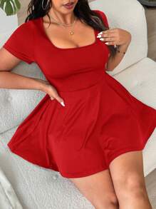 Solflare Bộ đồ liền thân tay ngắn thường ngày cổ vuông màu trơn cỡ lớn, mùa hè - Đỏ - Xem 7