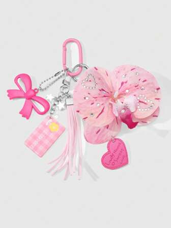 Kawaii 1 Stück Koreanisch eleganter, süßer, vielseitiger, bezaubernder rosa künstlicher Phalaenopsis Orchidee Schlüsselanhänger mit Strass, Leder-Herz, Acryl-Schleife und Quaste, geeignet für Frauen, Mädchen für den täglichen Gebrauch, Urlaubsgeschenk
