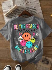 Kaos Wanita Ukuran Besar Musim Panas Kasual dengan Slogan Cetak, Leher Bulat - Dark Grey - View 3