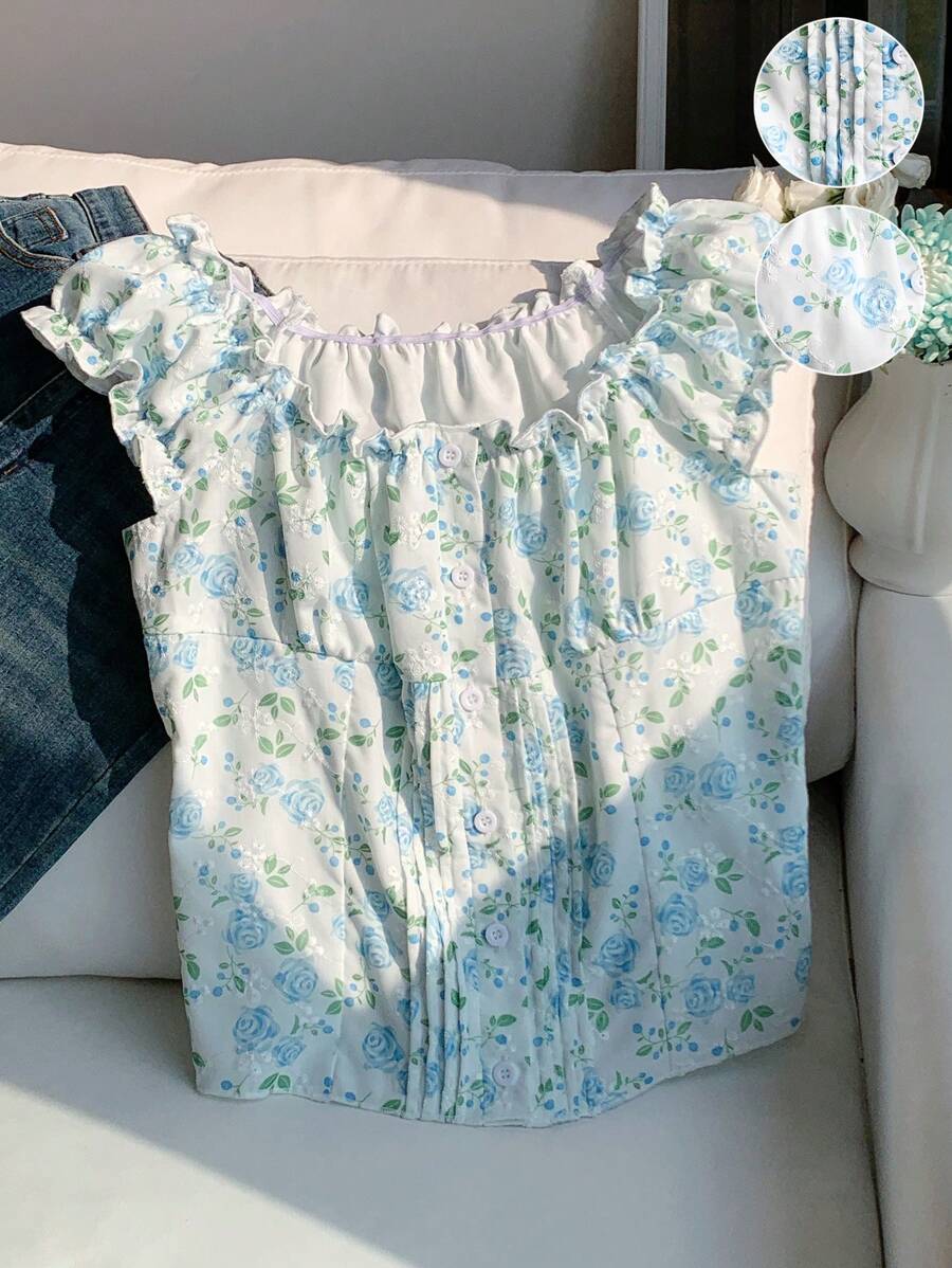Comfortcana Áo sơ mi nữ họa tiết hoa thời trang và thanh lịch, mùa hè - Màu xanh lam - Xem 1