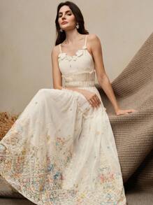 Anewsta Ditsy Floral V-Neck Sleeveless Cinched Waist Maxi Dress, Vacation Vibe