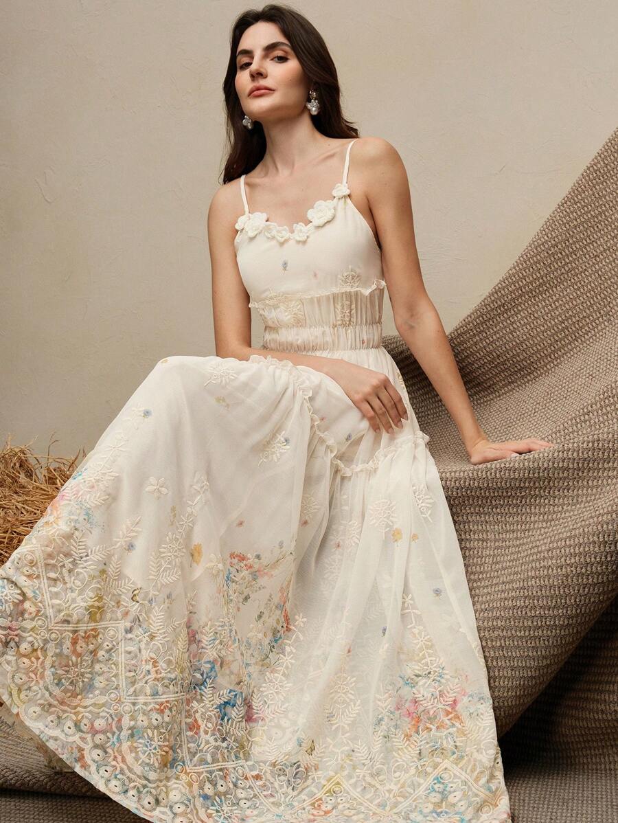 Anewsta Ditsy Floral V-Neck Sleeveless Cinched Waist Maxi Dress, Vacation Vibe