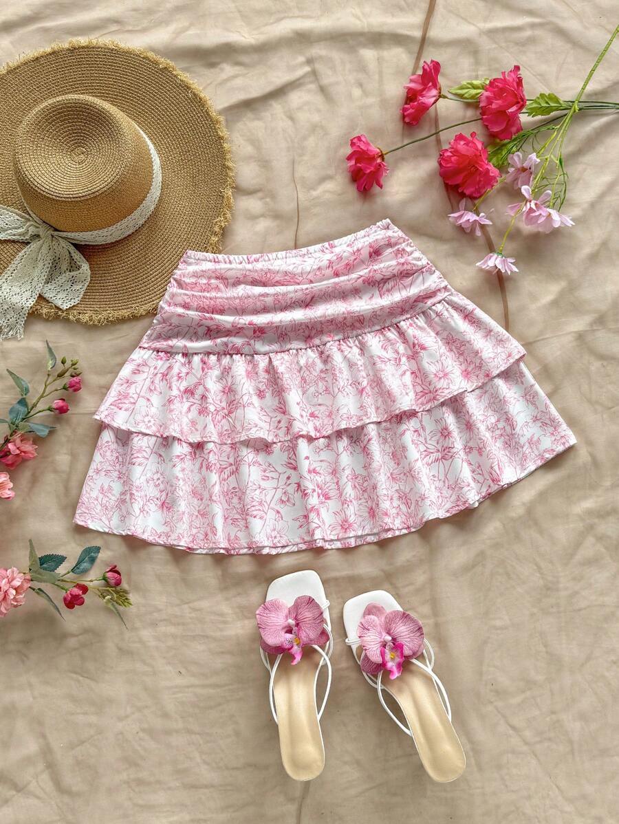 Soleia Spring & Summer Holiday Floral Print High Waisted Layered Ruffles Mini Skirt, Suitable For Backyard Garden, Date, Afternoon Tea, Vacation, Music Festival, Boho - Pink - View 1
