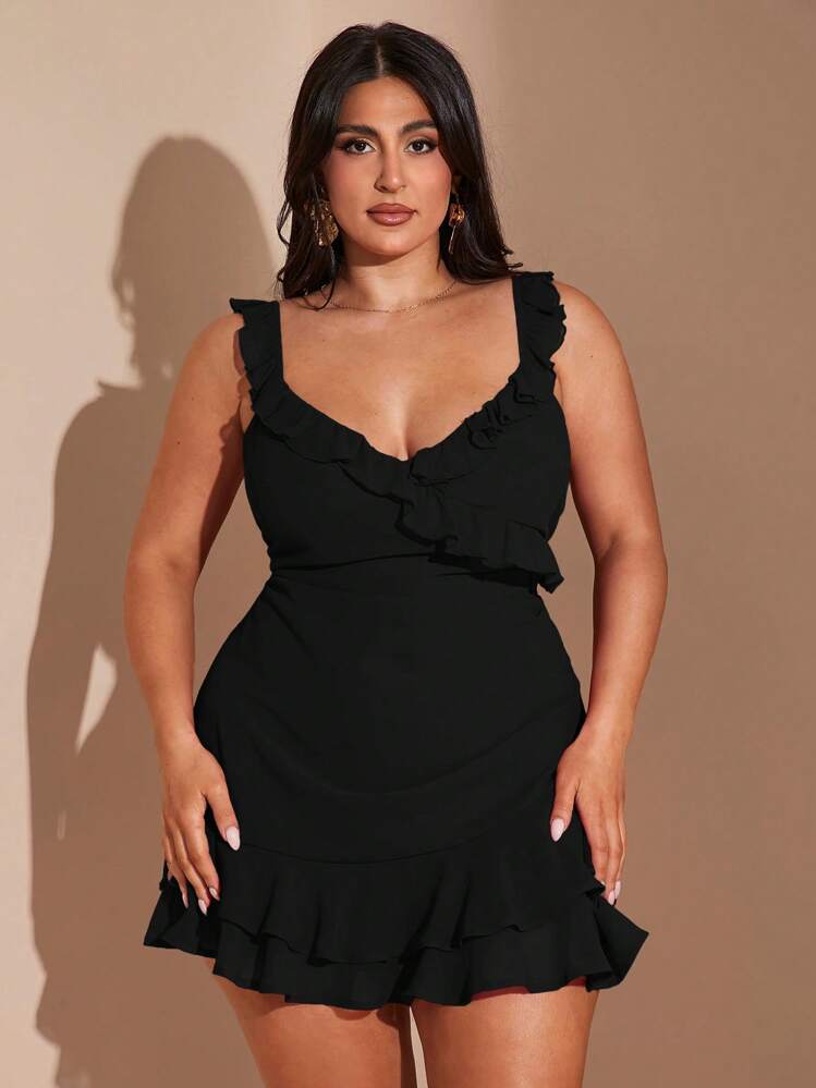 SHEIN BAE Vestido mini elegante, romántico y sexy con cuello en V, dulce y versátil para citas, con volantes rojos en el bajo, vestido casual de verano para playa, vacaciones y fiestas, vestido fluido para mujer de talla grande - Negro - Añade 7