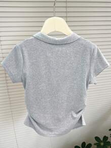 SHEIN Women's Embroidered Solid Color Casual Polo Collar Short Sleeve T-Shirt For Summer - Grey - View 2