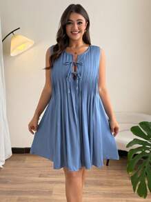 SHEIN Clasi Plus Size Women Summer Solid Color Front Tie Pleated Sleeveless Dress - Blue - View 3
