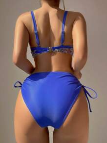 Swim Lushoire Bộ đồ bơi 2 món có áo nâng ngực in họa tiết ngẫu nhiên, dây đeo vai có thể điều chỉnh, quần short cạp cao, phong cách Bohemian, dành cho kỳ nghỉ ở bãi biển - Màu xanh lam - Xem 4