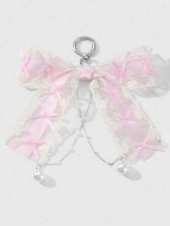 Kawaii 1 Stück stylische und niedliche rosa Chiffon-Schleife, Schlüsselanhänger mit Resin-Glitzer-Stern und Kunstperlen Dekor, vielseitiges DIY-Accessoire für Frauen, ideal für den täglichen Gebrauch und als Geschenk
