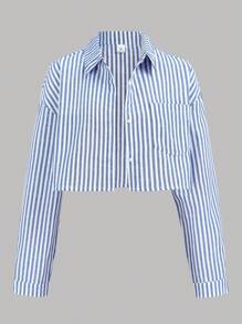SHEIN Teen Girl Comfortable Simple Loose Contrast Elastic Waist Stripe Printed Wide-Leg Pants Solid White Cami Blue Stripe Cropped Long Sleeve Shirt 3 Pieces Set